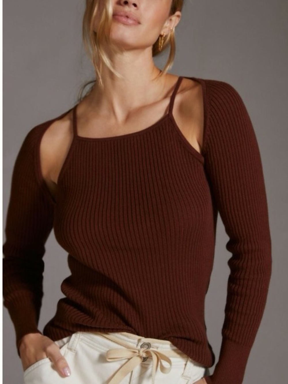 Off-the-Shoulder Ribbed Sweater — Chocolate Brown